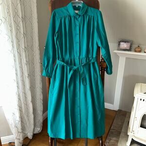 LL Bean Vintage Button Up Long Sleeve Midi Dress Green 12 Modest Amish prairie